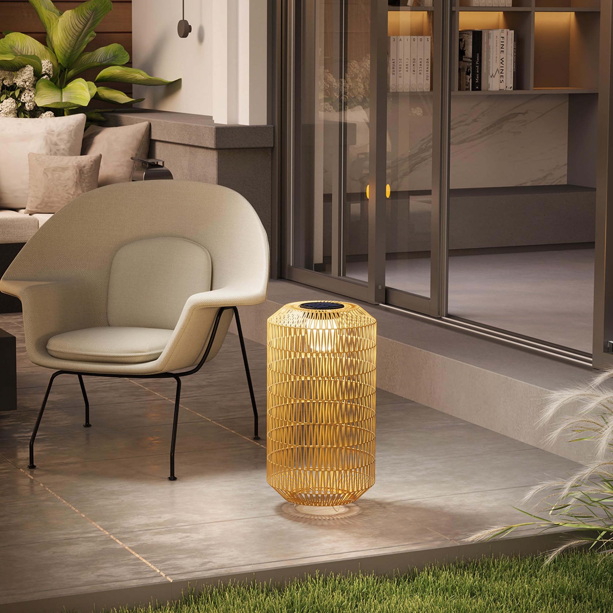 Outsunny Linterna de Jardín de Ratán Sintético Farola Solar con Luces LED Encendido y Apagado Automático Impermeable Estilo Bohemio para Patio Terraza Balcón Ø30x55 cm Natural