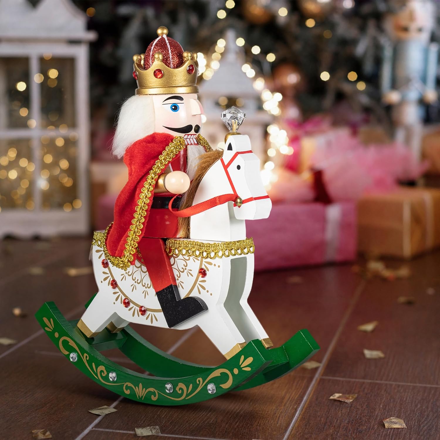 KI Store Wooden Rocking Horse Nutcracker 12-Inch Set of 2 Soldier Nutcracker Figures on Rocking Horse Christmas Decoration