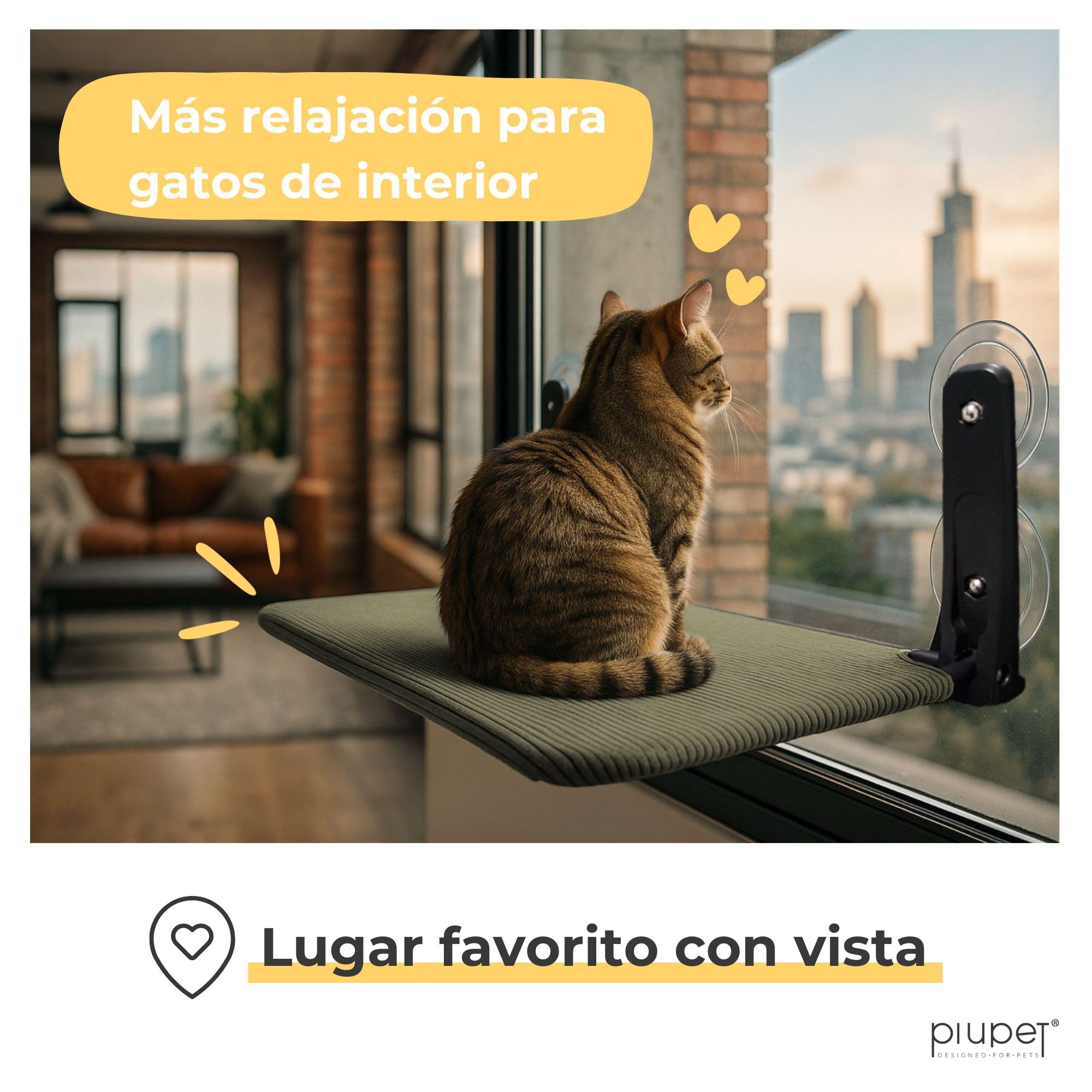 PiuPet® Hamaca gato ventana - Cama colgante para gatos con ventosas fuertes y marco de acero I Hamaca plegable y reversible 2 en 1 para verano e invierno I Cama gato grande hasta 20 kg (verde, grande)