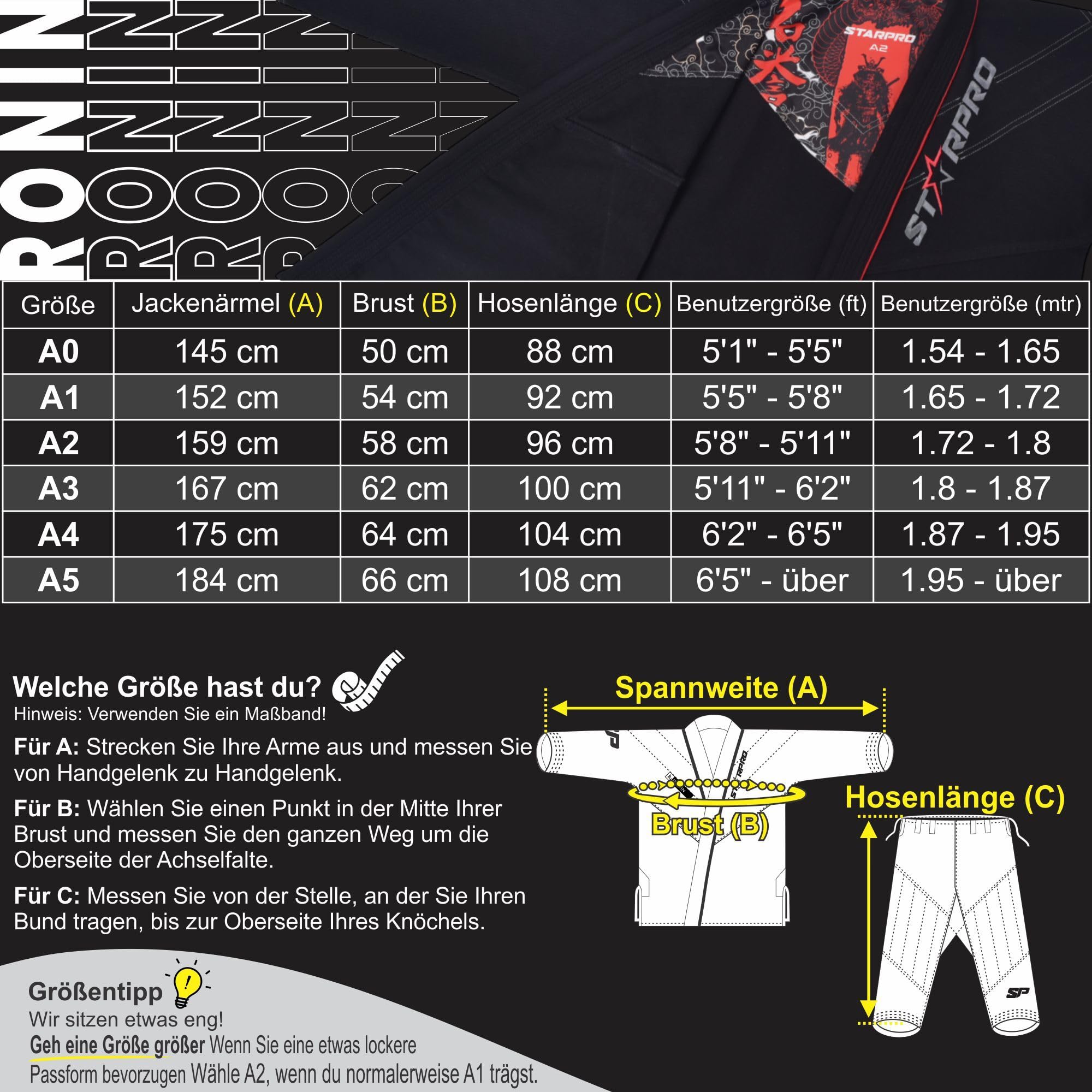 Starpro Ronin BJJ Gi 355 Gramm - Power Baumwollmischung - Weiß und Schwarz - Preshrunk Professional Martial Arts Kimono für Training und Wettkampf - Männer & Frauen