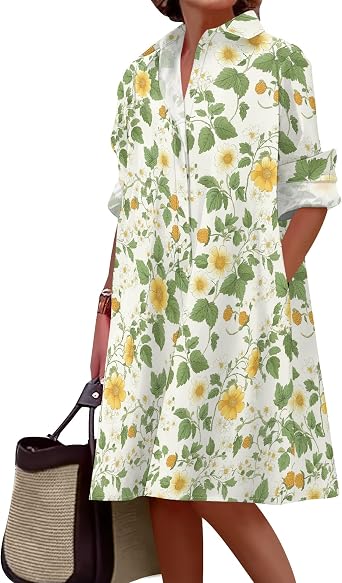 Shirt Dresses for Women 2025 Summer Floral Printed Casual Plus Size Long Sleeve Loose Elegant Dress with Pockets