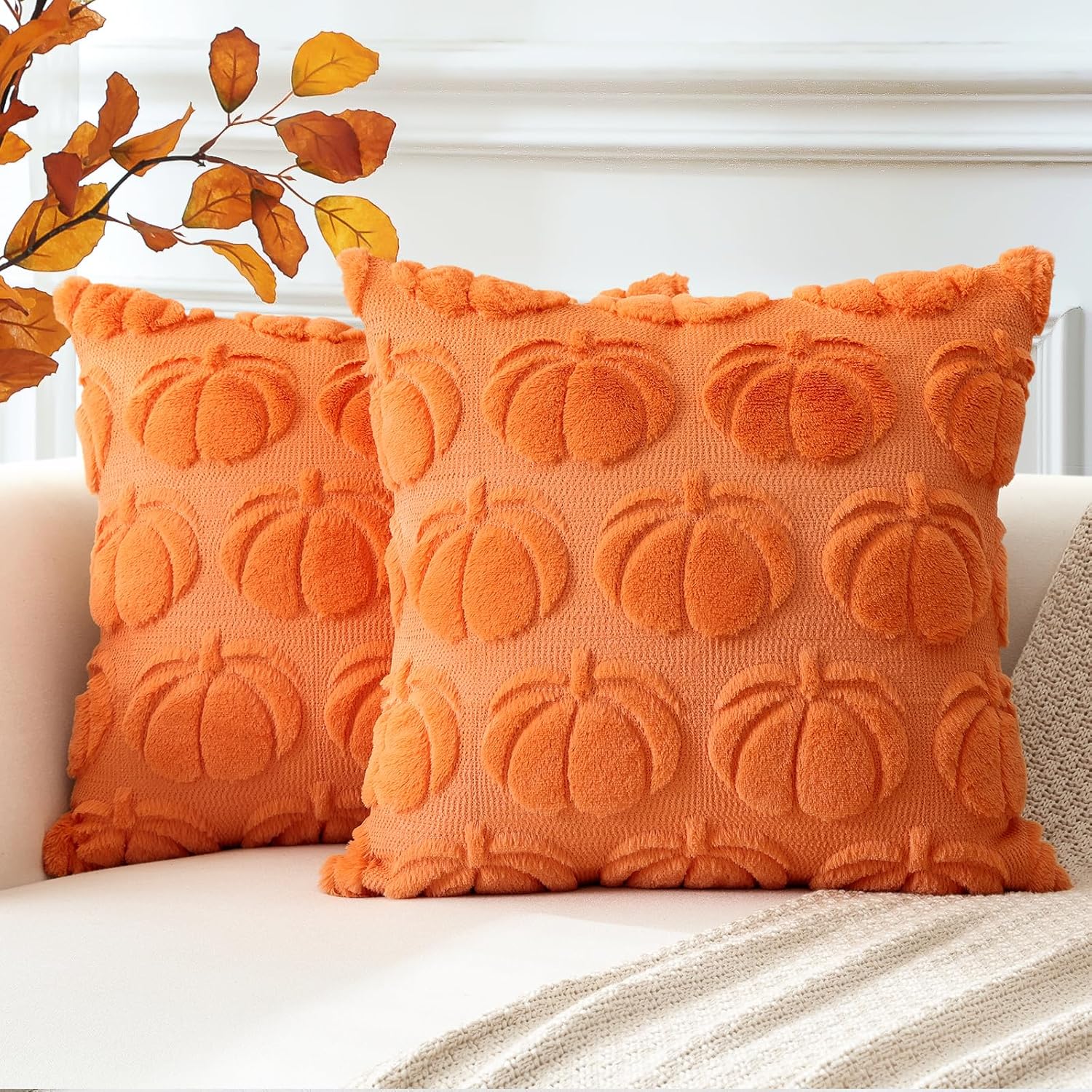 OTOSTAR Fall Pillow Covers Set of 2 Autumn Pumpkin Throw Pillow Covers for Sofa Couch Bed Living Room Soft Plush Short Wool Velvet Farmhouse Throw Pillow Covers for Halloween Orange 24x24 Inch
