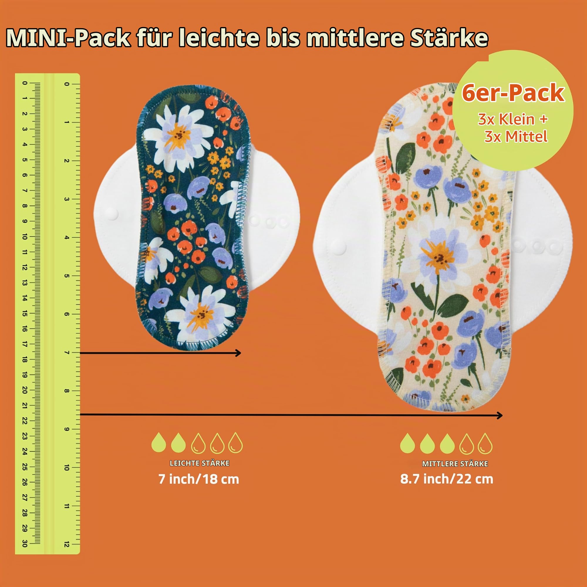Natissy Bio-Baumwolle Stoffbinden für Frauen und Teenager, Waschbar, Weich, Atmungsaktiv, Hautfreundlich und Wiederverwendbar - 6er-Set S+M - Made in EU