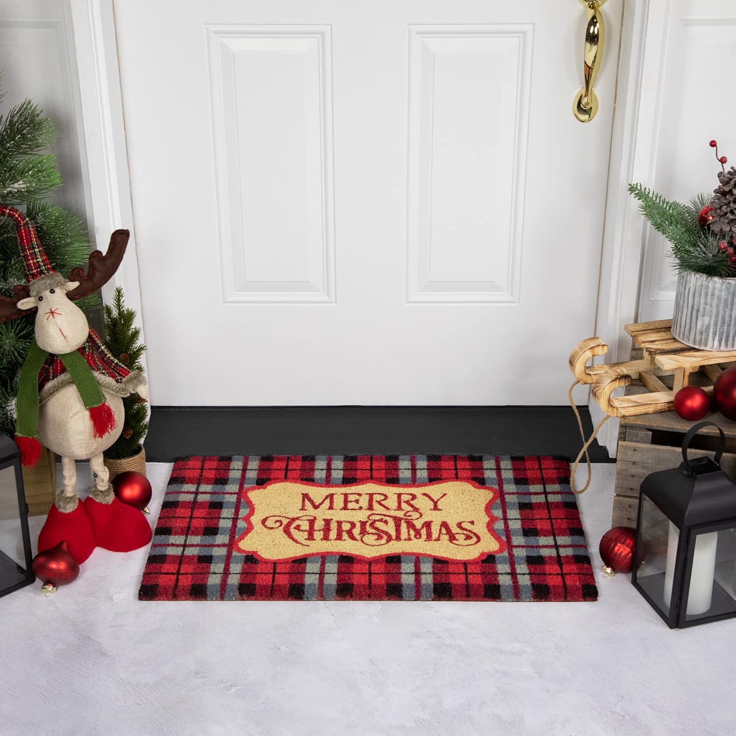 Northlight Plaid Merry Christmas Outdoor Coir Doormat - 18" x 30" - Black and Red