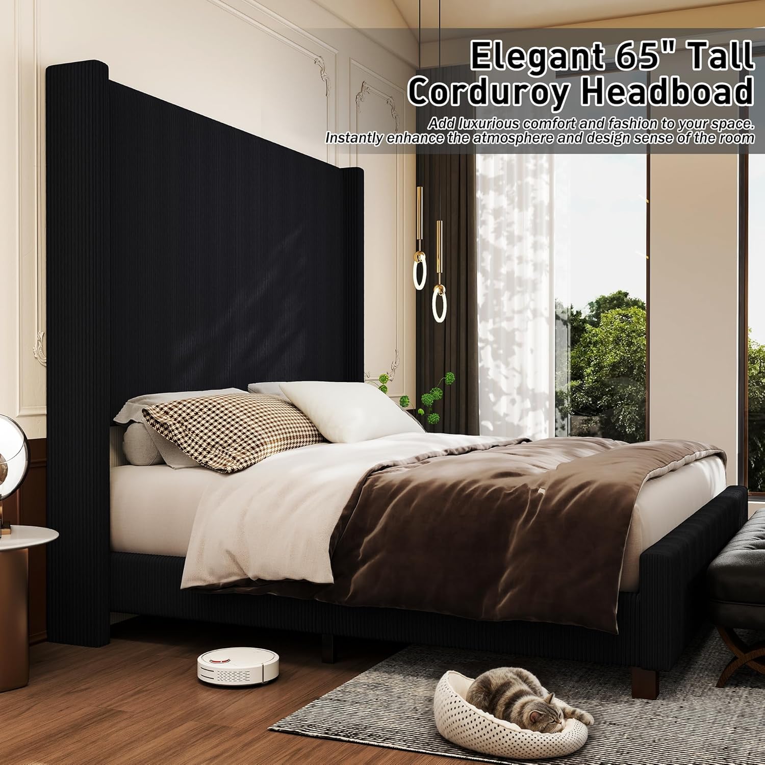 King Size Corduroy Upholstered Bed Frame with 65.2" Tall Headboard,USB Charging Station,Soft Washable Corduroy Cover with Wingback Headboard, Solid Wood Legs/Noise-Free/No Box Spring Needed/Black