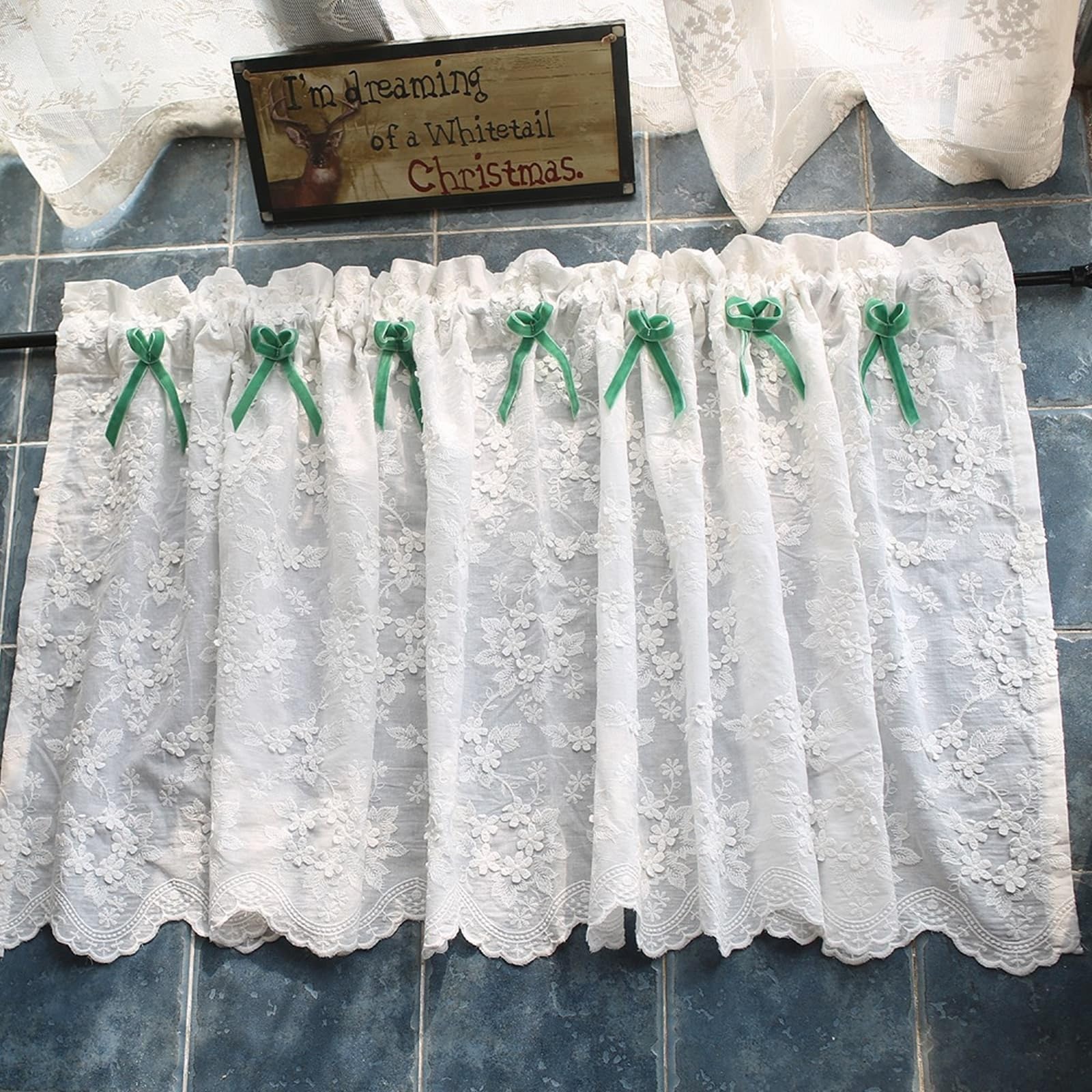 Zazdrostka na drzwi balkonowe, bawełniana, haftowana, z kokardką, półprzezroczysta, 150 x 53 cm x 1 sztuka, firanka bistro, beżowa, biała, zielona, do łazienki