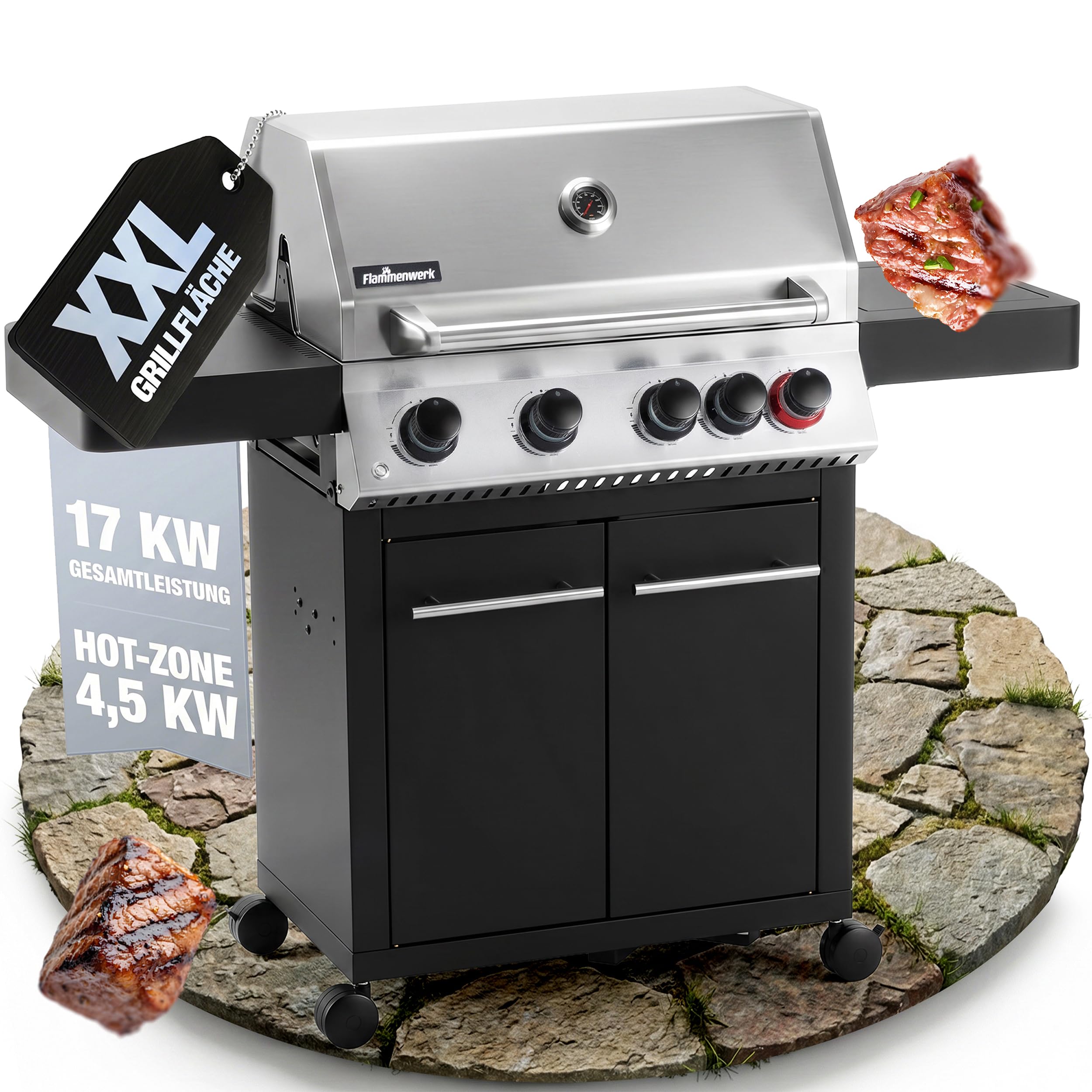 Profi Gasgrill 4 Brenner + Seitenkochfeld – 17kW Gesamtleistung, LED-Knöpfe – Hochwertiger BBQ Grillwagen mit Deckel - Gusseisenrost & Warmhalterost