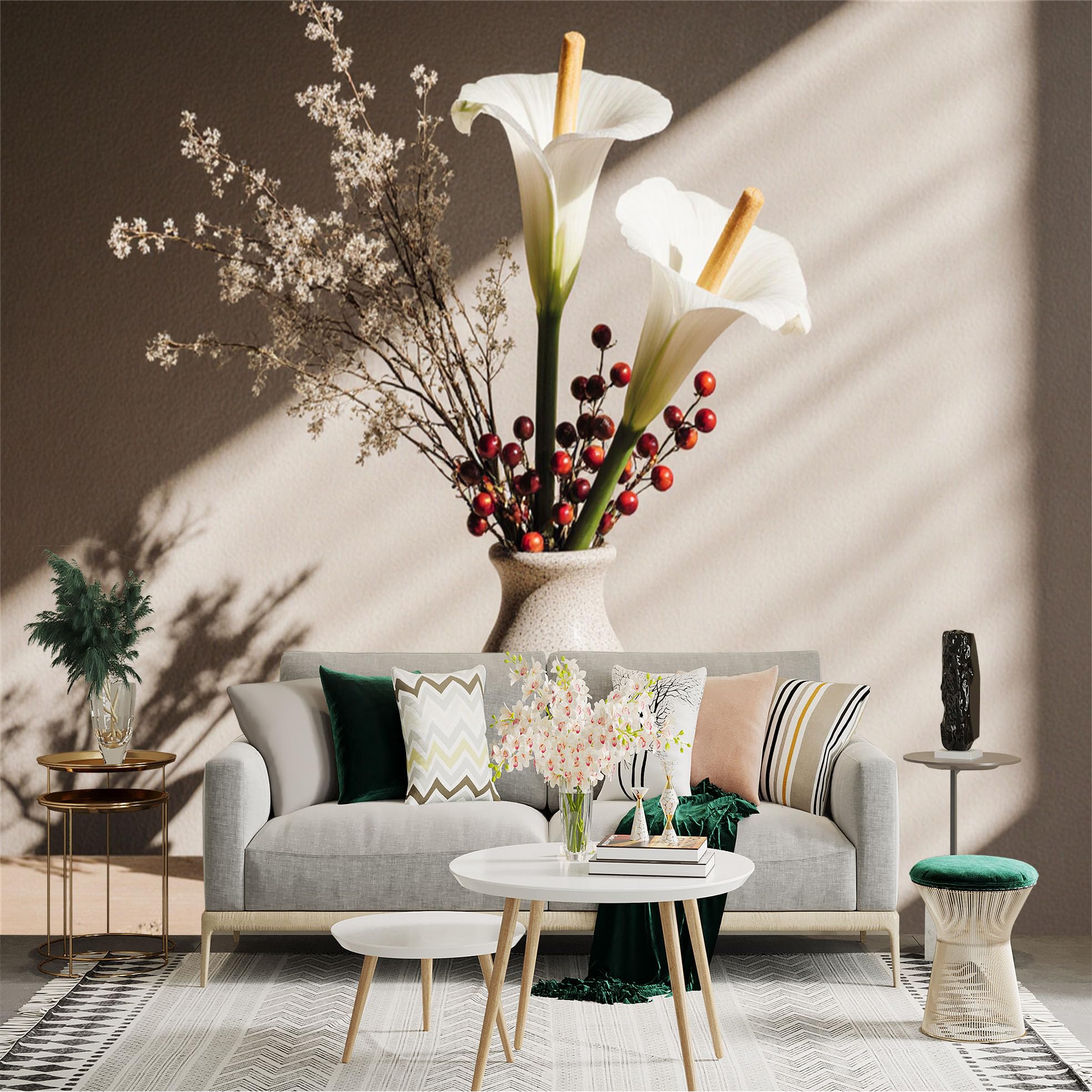 Custom Size Wall Sticker Mural， White Calla Lilies in Ceramic Vase， Dried Floral Branches and Red Berries， Minimalist Artistic Still Life， for wall Decoration， peelandstick wall Decals.