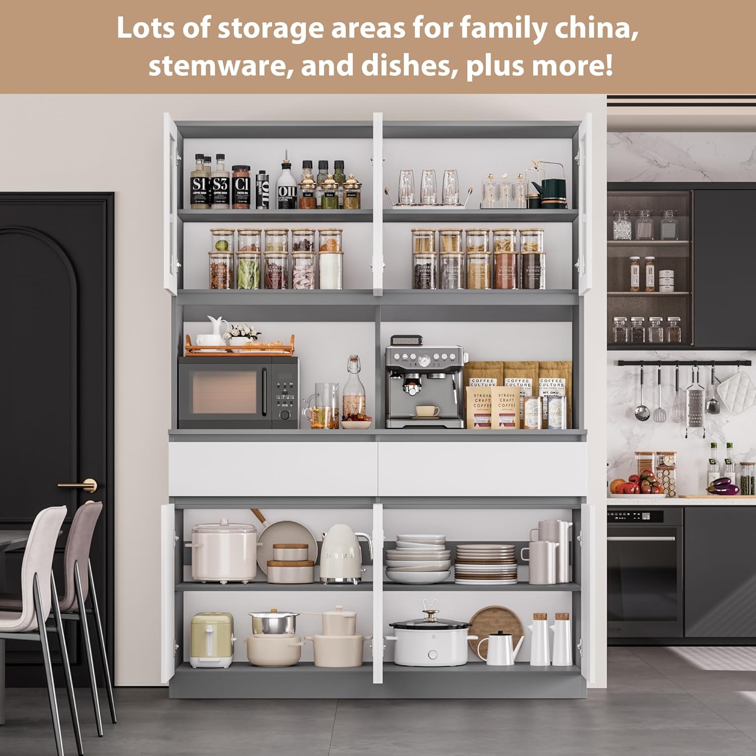 The Keyluv KLVB-BH-69 cabinet with all doors open, showcasing various items stored on shelves and in drawers.