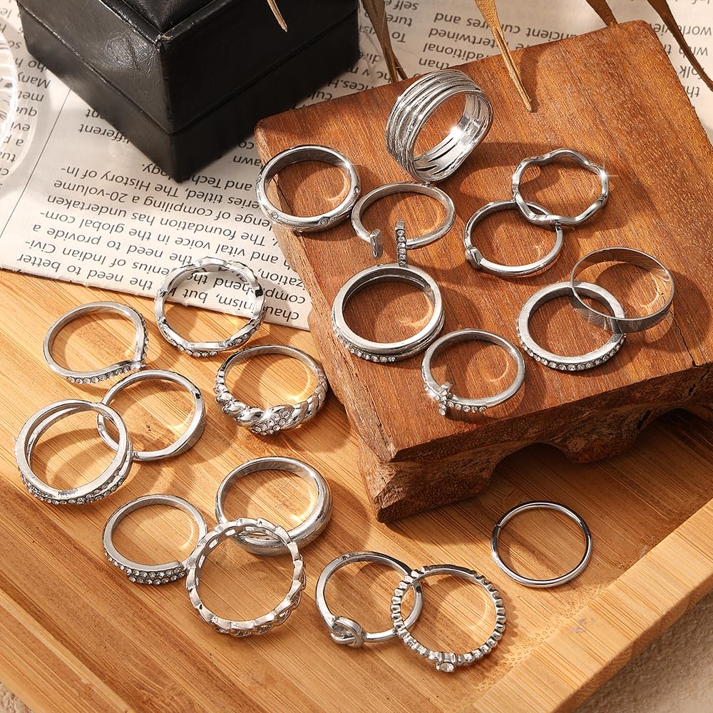 KISS WIFE Golden Stackable Knuckle Rings Set for Women, Boho Trendy Dainty Midi Rings Pack Sparkling Aesthetic Women's Stacking Rings Bulk Costume Jewelry: Silvery-Sparking