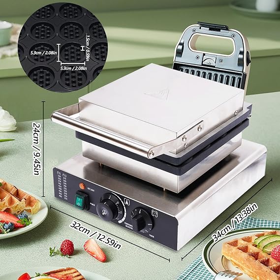 Commercial Belgian Waffle Maker - 16pcs Mini Round Waffle Maker, Nonstick Electric, 110V 1750W, Stainless Steel, Time & Temp Control