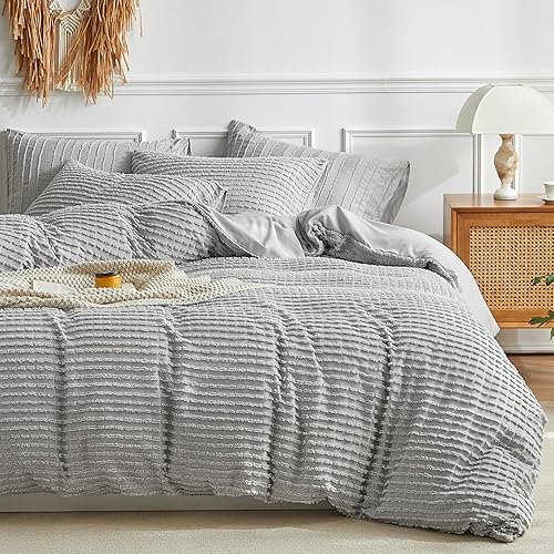 Miniatura 10 de WARMDERN Juego de funda de edredón bohemio tamaño King, juego de ropa de cama de microfibra a rayas gris oscuro, 3 piezas, ultra suave,