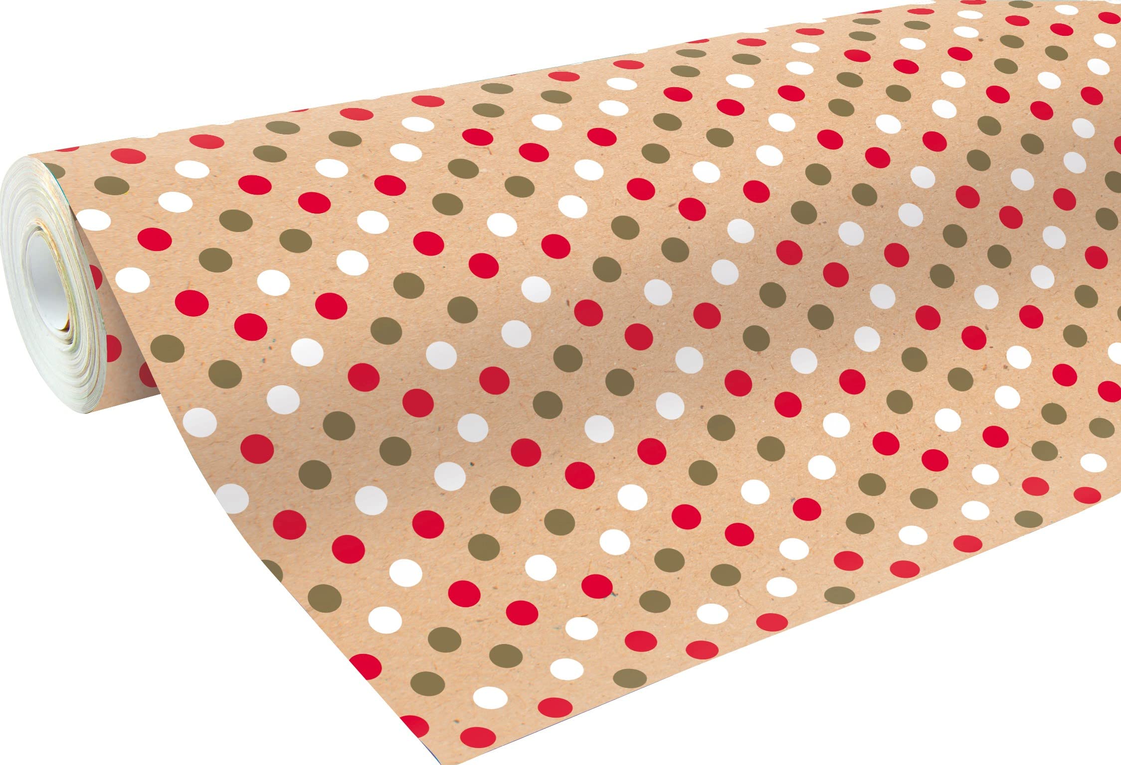 Clairefontaine 223800C - Une Bobine De Papier Kraft Brut Recyclé - Dimensions : 50mx70 cm - 70g - Motif : Pois Rouge Blanc Et Or - Papier Recyclé, Idéal pour Emballage Cadeaux, DIY, Loisirs Créatifs
