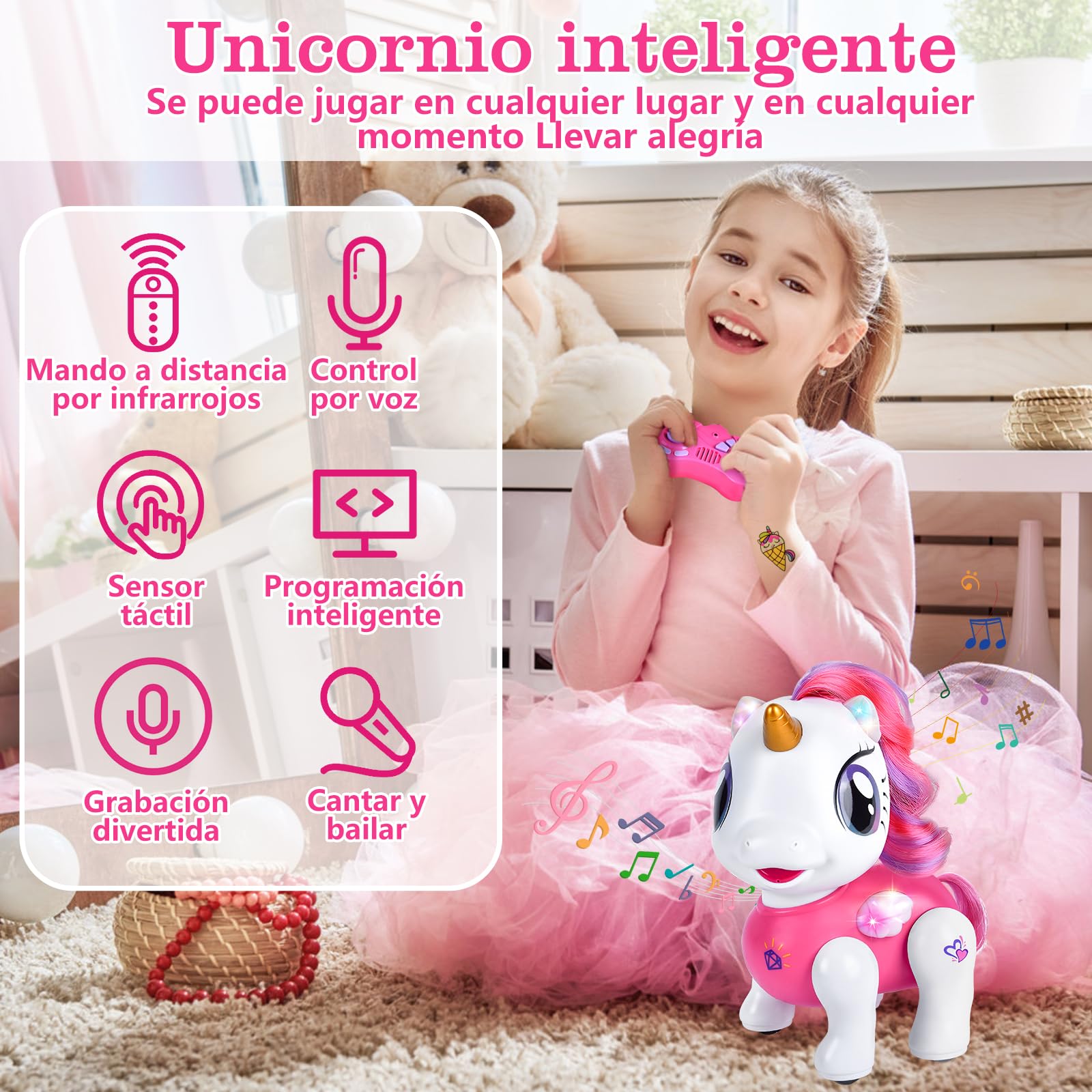 Joellfuner Unicornio Robot Juguete, Control Remoto Robot para Niños Regalo, Juguete Interactivo Programable, Grabación de Sonido, Baile y Música