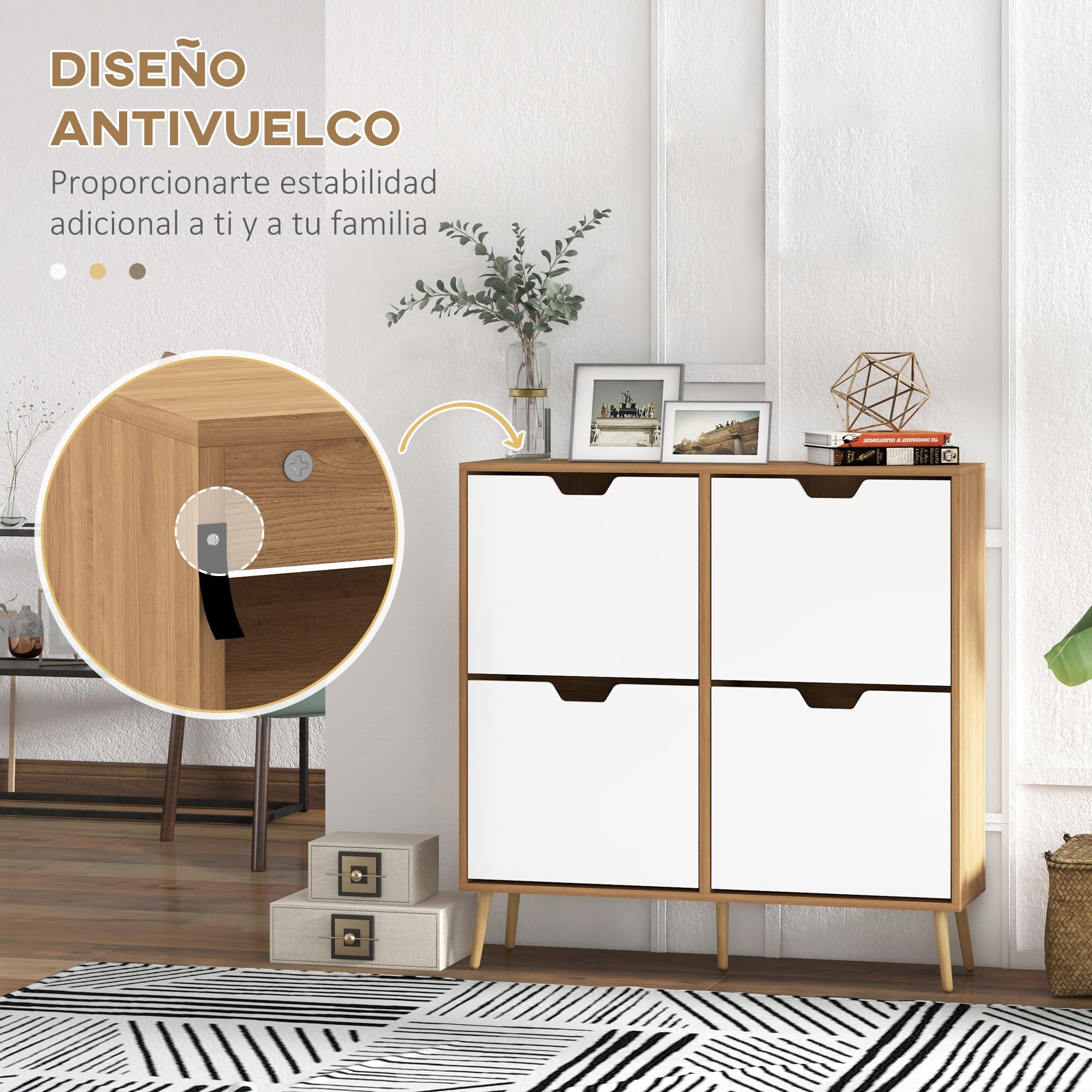 HOMCOM Zapatero Estrecho con 4 Cajones Abatibles, Zapatero Entrada Recibidor con Patas de Madera y Estantes Ajustables, para 16 Pares de Zapatos, para Pasillo, 95x26x95 cm, Blanco y Natural