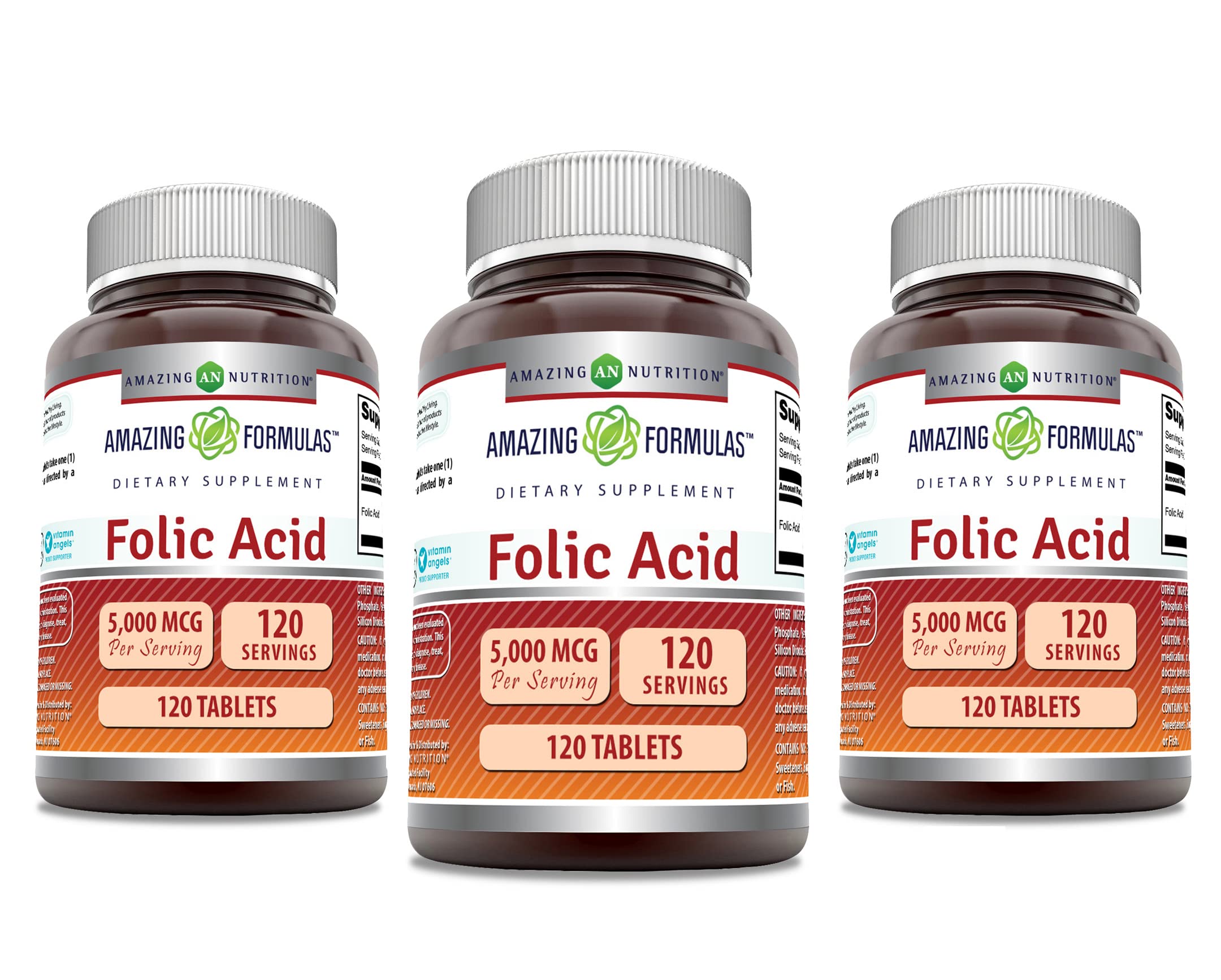 Amazing Formulas Folic Acid 5000 Mcg per Serving | Tablets Supplement | Non-GMO | Gluten-Free | Made in USA (3 Pack | 120 Count)