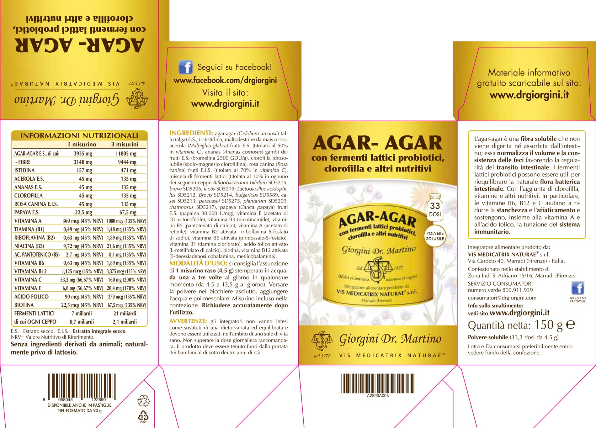 Dr Giorgini AGAR-AGAR FERMENTI CLOROFILLA NUTRITIVI polvere solubile - 150 g