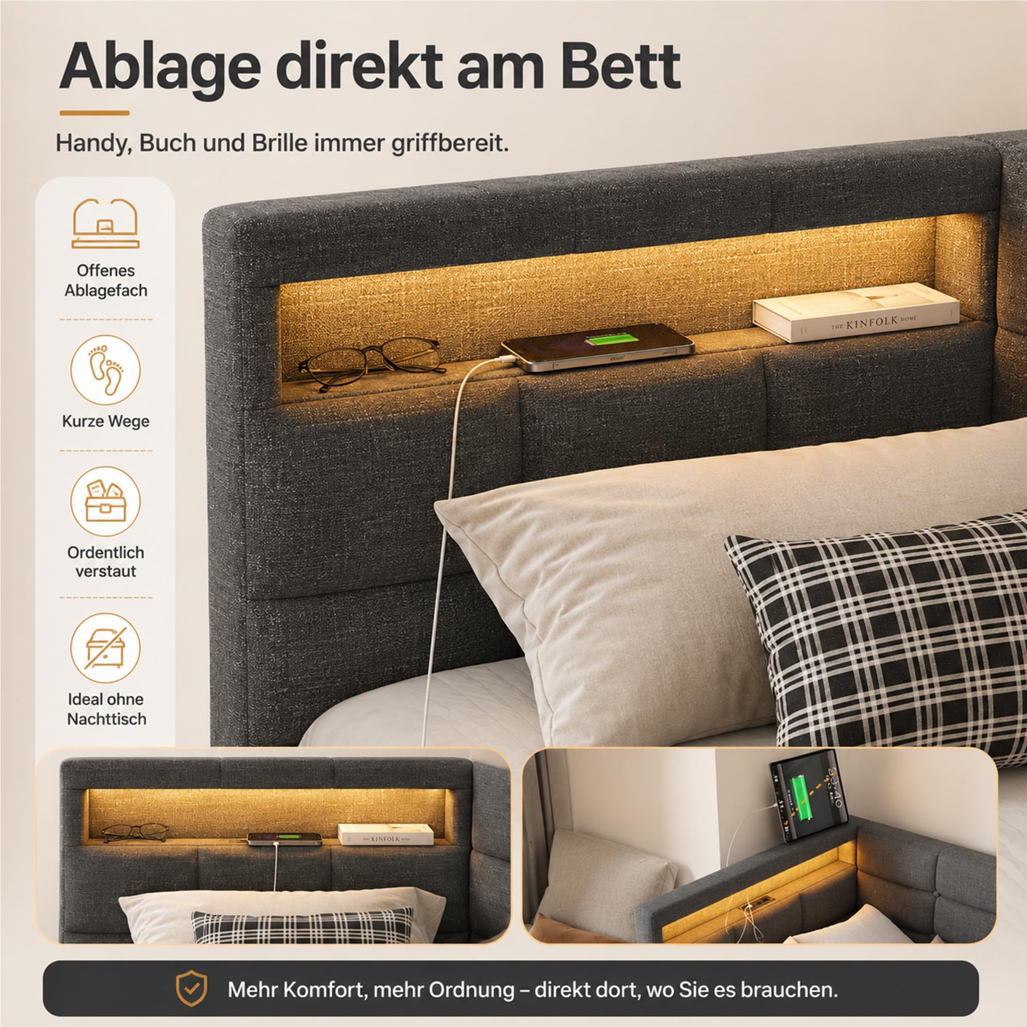 DULRLLY sofa do spania 90 x 200 cm z półką do przechowywania, tapicerowana sofa z oświetleniem LED i portami USB, nowoczesne łóżko piętrowe dla 1 osoby, wielofunkcyjne łóżko 90x200 z stelażem, pościel