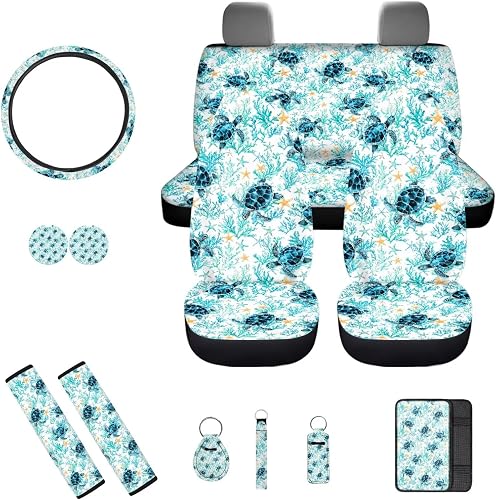 Quelytytrip 13pcs Blue Sea Turtle Print Car Seat Covers Full Set,Steering Wheel 