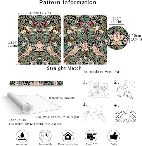 Miniatura 7 de HAOKHOME 94029-3 Papel tapiz floral vintage para despegar y pegar, ladrón de fresas, botánico, negro, olivarosa, murales de pared para el hogar,