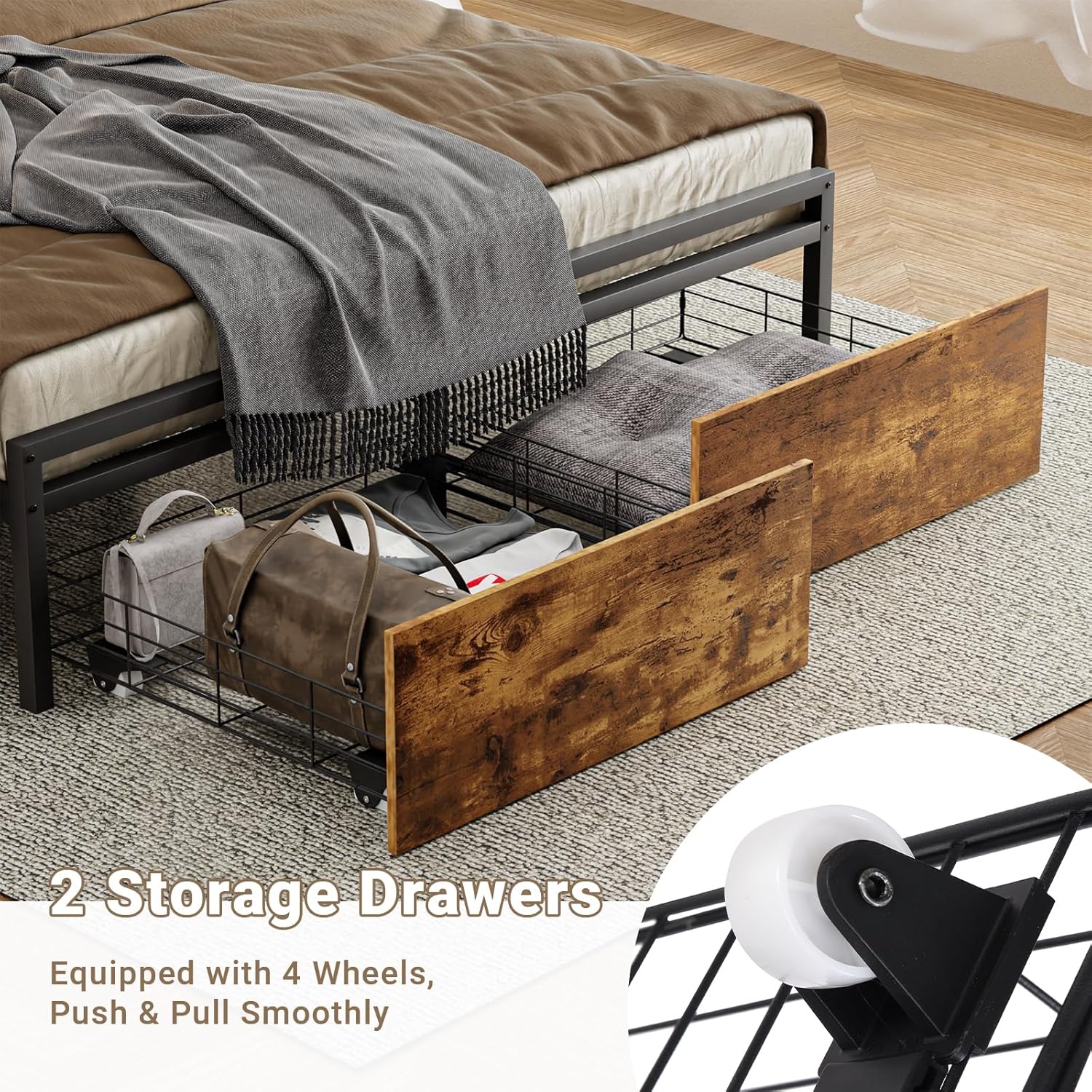 Zevemomo Queen Size Bed Frame with RGB LED Lights and Charging Station, Queen-Size Metal Platform Bed with Storage Headboard & 2 Drawers, Wood Board, Easy Assembly Mattress Foundation Base