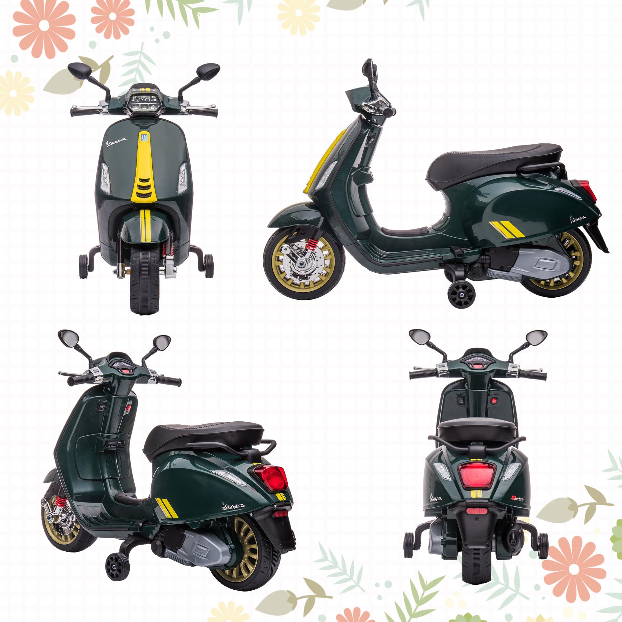 AIYAPLAY Scooter elettrico Vespa 6 V moto elettrica per bambini 3-6 anni dim. 107L x 47W x 73H cm Musica MP3 Porta USB Radio FM Faro 2 ruote di allenamento - Verde | Moto Elettrica Per Bambini 3-6 Anni, Musica MP3, Porta USB, Radio FM, Faro, 107L x 47L x