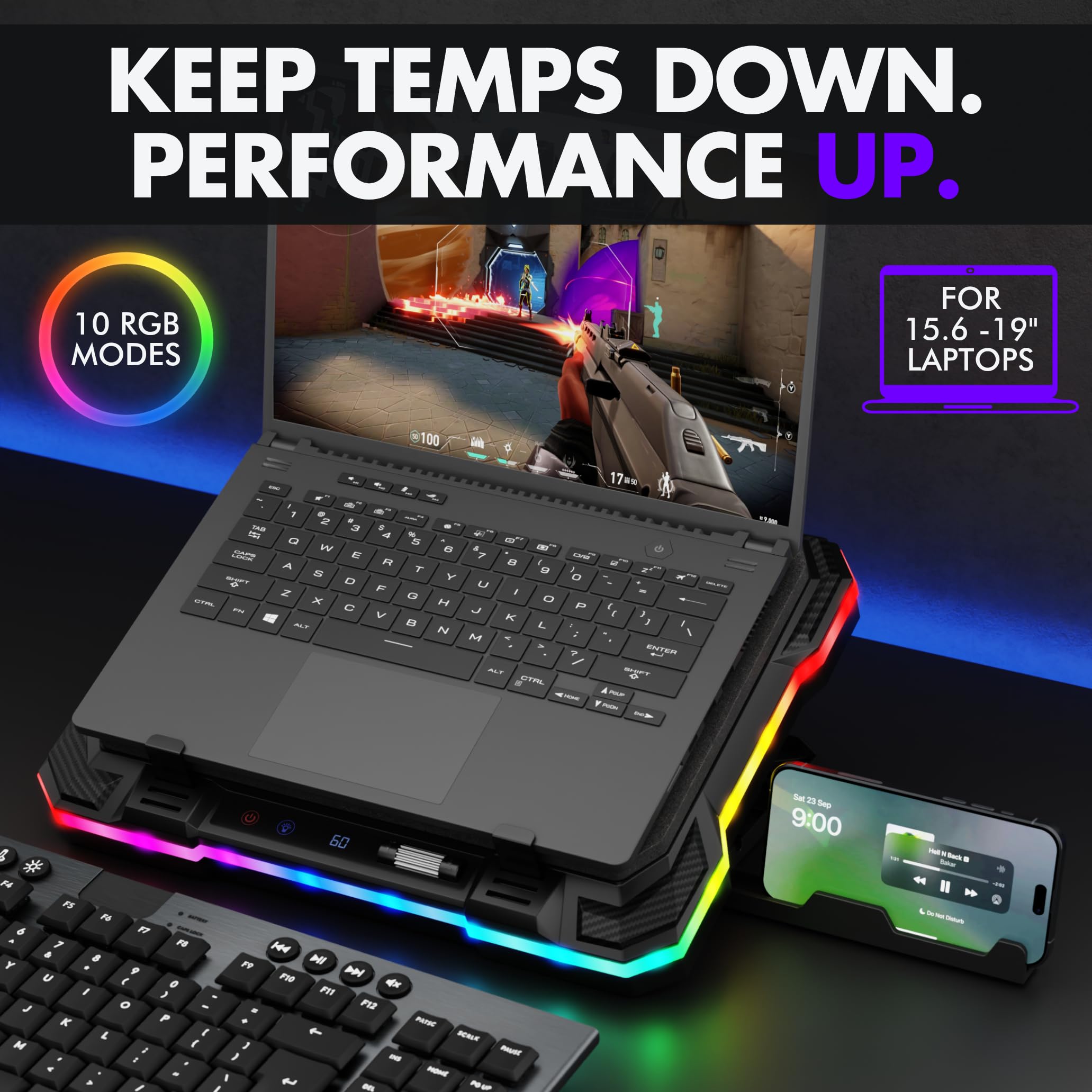 Tilted Nation Gaming Laptop Cooling Pad con USB Hub - Aumenta le prestazioni, Rimani comodo - Supporto RGB per laptop con altezza regolabile e velocità della ventola, RGB, hub USB (C + A), per laptop