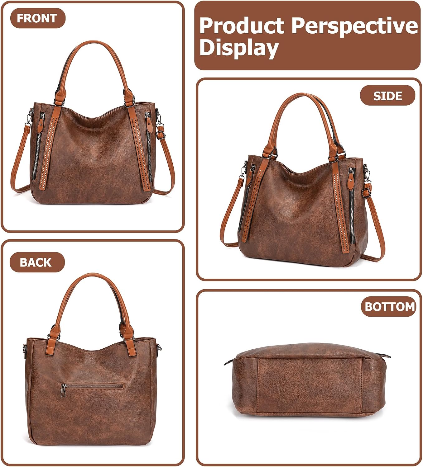 myfriday Vintage Slouchy Tote Bag for Women, Large Vegan Leather Hobo Shoulder Bag Satchel Purse with Adjustable Strap