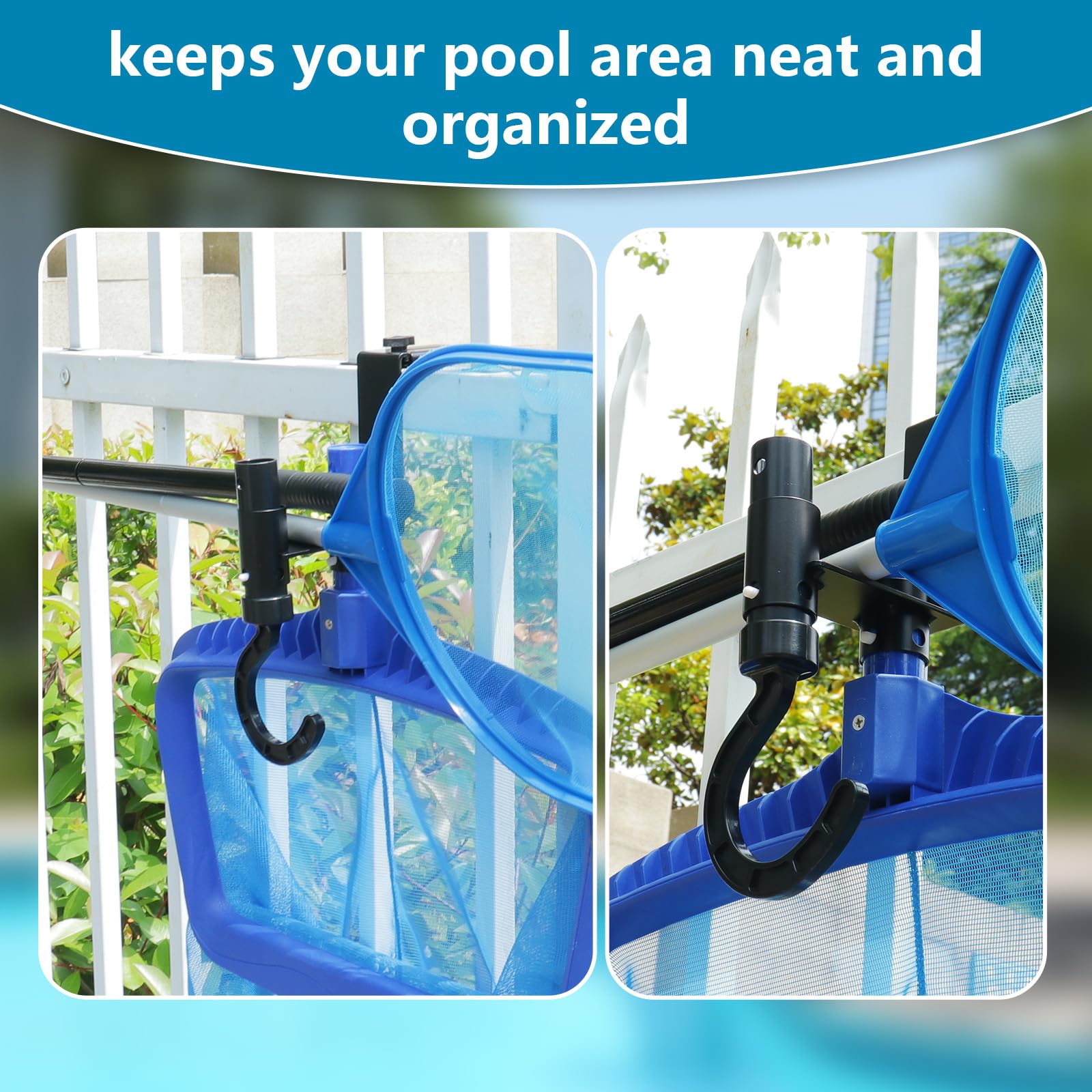 Lettry 2 ganci regolabili per recinzione per piscina, organizer per attrezzi da piscina, accessori per la pulizia della piscina, pennello, retino per foglie, testa sottovuoto, adatti per ringhiere da