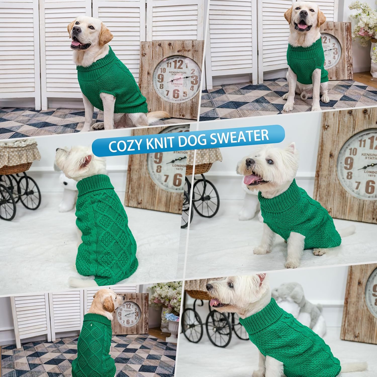 Mihachi Turtleneck Dog Sweater - Winter Coat Apparel Classic Cable Knit Clothes with Leash Hole for Cold Weather, Ideal Gift for Pet in New Year Green 2XL