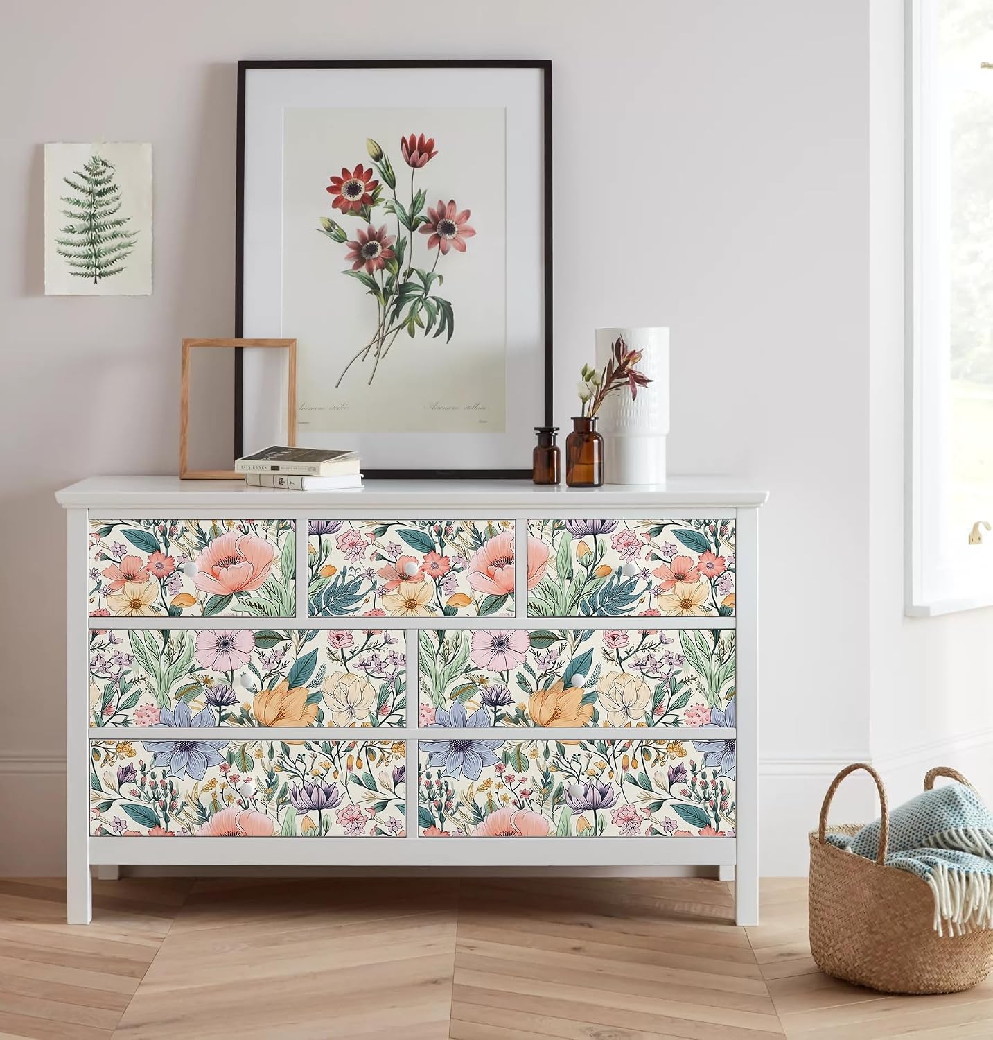 Vintage Floral Peel and Stick Wallpaper, Retro Flower Removable Contact Paper for Cabinets and Drawers, Boho Self Adhesive Renter Friendly Wall Decor for Kitchen, Bathroom and Bedroom, 17.5” x 118”