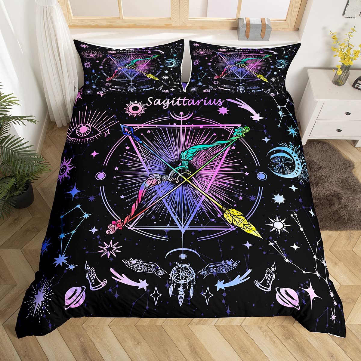 Boys Multi 09 Sagittarius Duvet Cover Set King Size, Galaxy Sun Moon Stars Bedding Set 3Pcs For Kids Girls, Trippy Astrology Comforter Cover Twelve Constellations Zodiac Quilt Cover With 2 Pillowcases