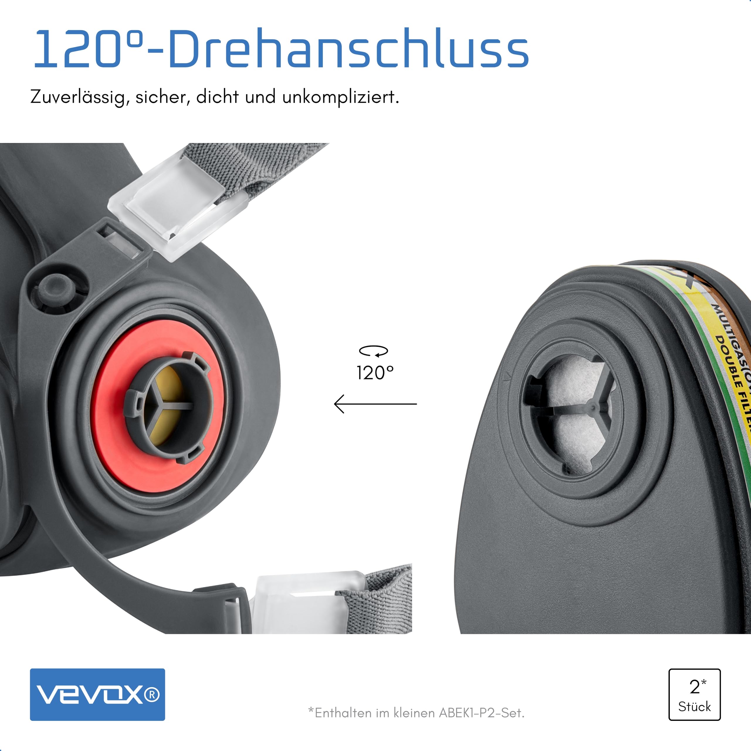 VEVOX® Atemschutzmaske – ABEK1P2 Filter – Schutz gegen Feinstaub, Gase & Dämpfe – Zum Lackieren, Schleifen & Sanieren – Gasmaske, Staubmaske & Lackiermaske – 6x P2 & 2x ABEK1 Filter