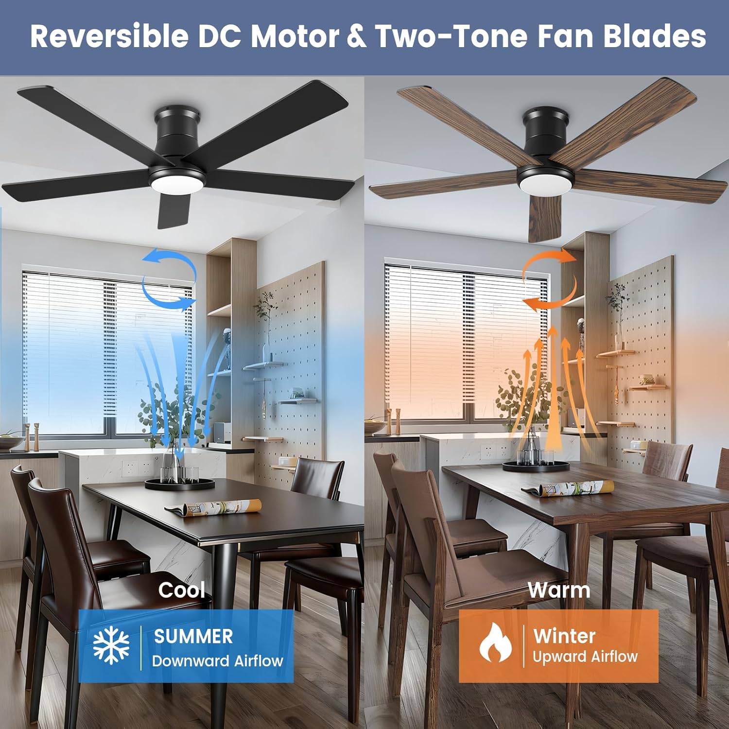 52 Inch Ceiling Fans with Lights and Remote - Black Flush Mount Ceiling Fan with Light Low Profile, 6 Speeds, Quiet DC, 3CCT Dimmable, Indoor Outdoor Ceiling Fans for Patios Bedroom - Image 7
