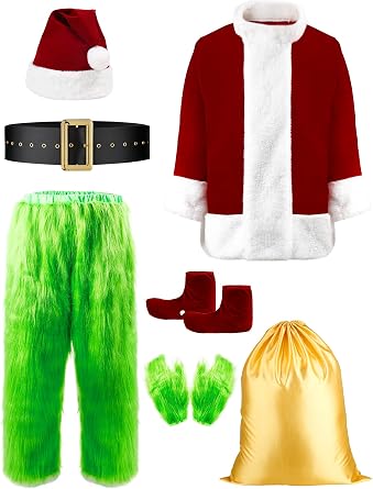 Halloween Costumes Green Furry Costume Adult 8PCS, Christmas Deluxe Santa Claus Costume for Men