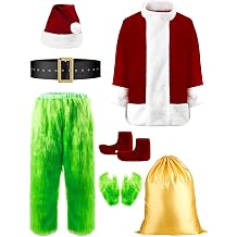 Halloween Costumes Green Furry Costume Adult 8PCS, Christmas Deluxe Santa Claus Costume for Men