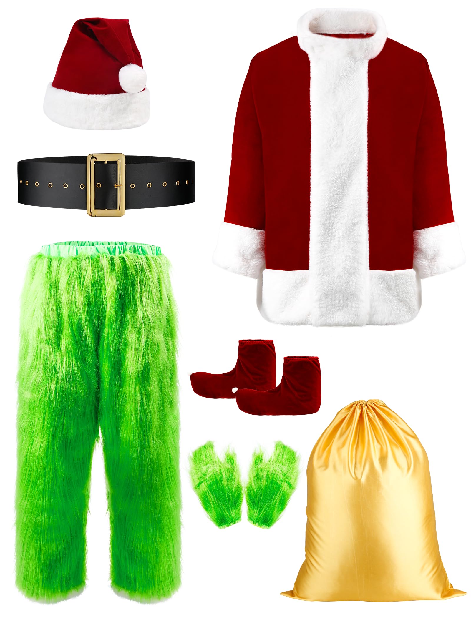 Costumi di Halloween Verde Peloso Costume Adulto 8PCS, Natale Deluxe Costume di Babbo Natale per gli uomini con maschera