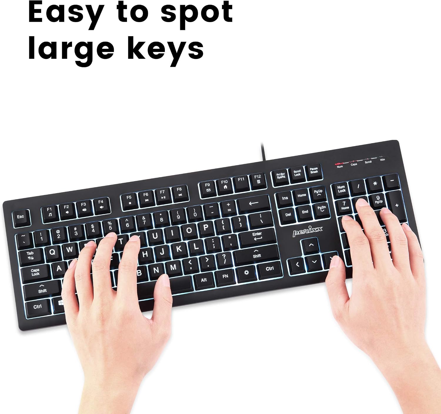 Perixx PERIBOARD-329 Wired USB Backlit Keyboard, Big Print Letter with 7-Color Illuminated LED, X Type High Scissor Keys, Black, US English Layout (11663)