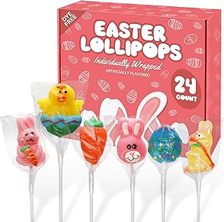 Easter Lollipops Candy Variety Pack Dye-Free - 24 Individually Wrapped Assorted Colorful Shapes Easter Suckers, With Bunny, Egg, Carrot Easter Suckers. For Basket Fillers, Gifts & Treats