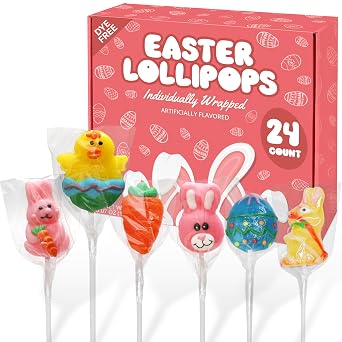 Easter Lollipops Candy Variety Pack Dye-Free - 24 Individually Wrapped Assorted Colorful Shapes Easter Suckers, With Bunny, Egg, Carrot Easter Suckers. For Basket Fillers, Gifts & Treats