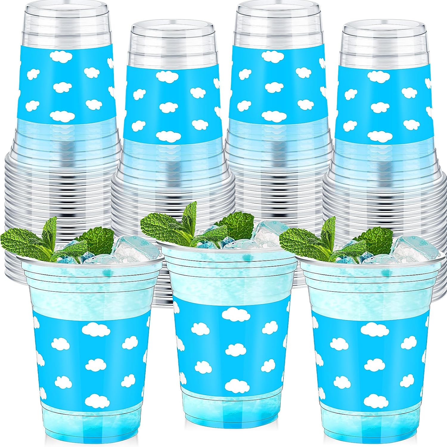 Willinglong 36 Pcs White Clouds Plastic Clear Party Cups 12 Oz | Blue Sky Design, Thick Clear Plastic Cups. Ideal for Birthday, Baby Shower, and Cartoon Parties. Durable and Festive.