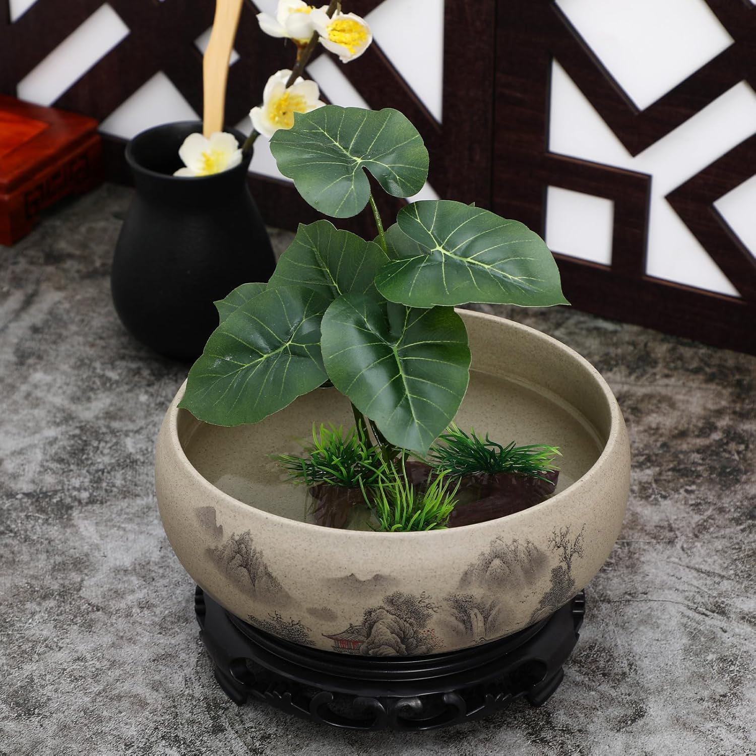 DECHOUS Lotus Bowl Planter - Coarse Pottery Water Lily Lotus Bowl Plant Flower Pot with Plastic Base - Shallow Water Planter for Home Hydroponic Indoor, 6.7 Inch