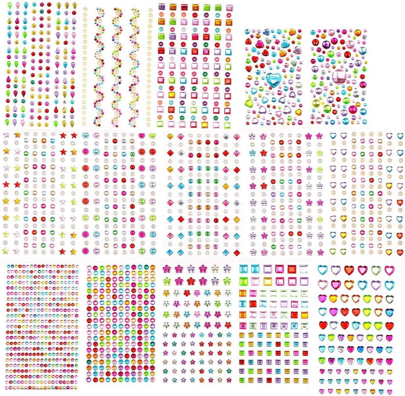 EKKONG 15 Sheets 2081 Pieces Self-Adhesive Rhinestones Stickers,Crystal Gem Stickers, Craft Jewels Stickers for DIY Crafts Decoration, Nails, Face, Photo Frame, Assorted Colors and Shapes (15 Sheets)