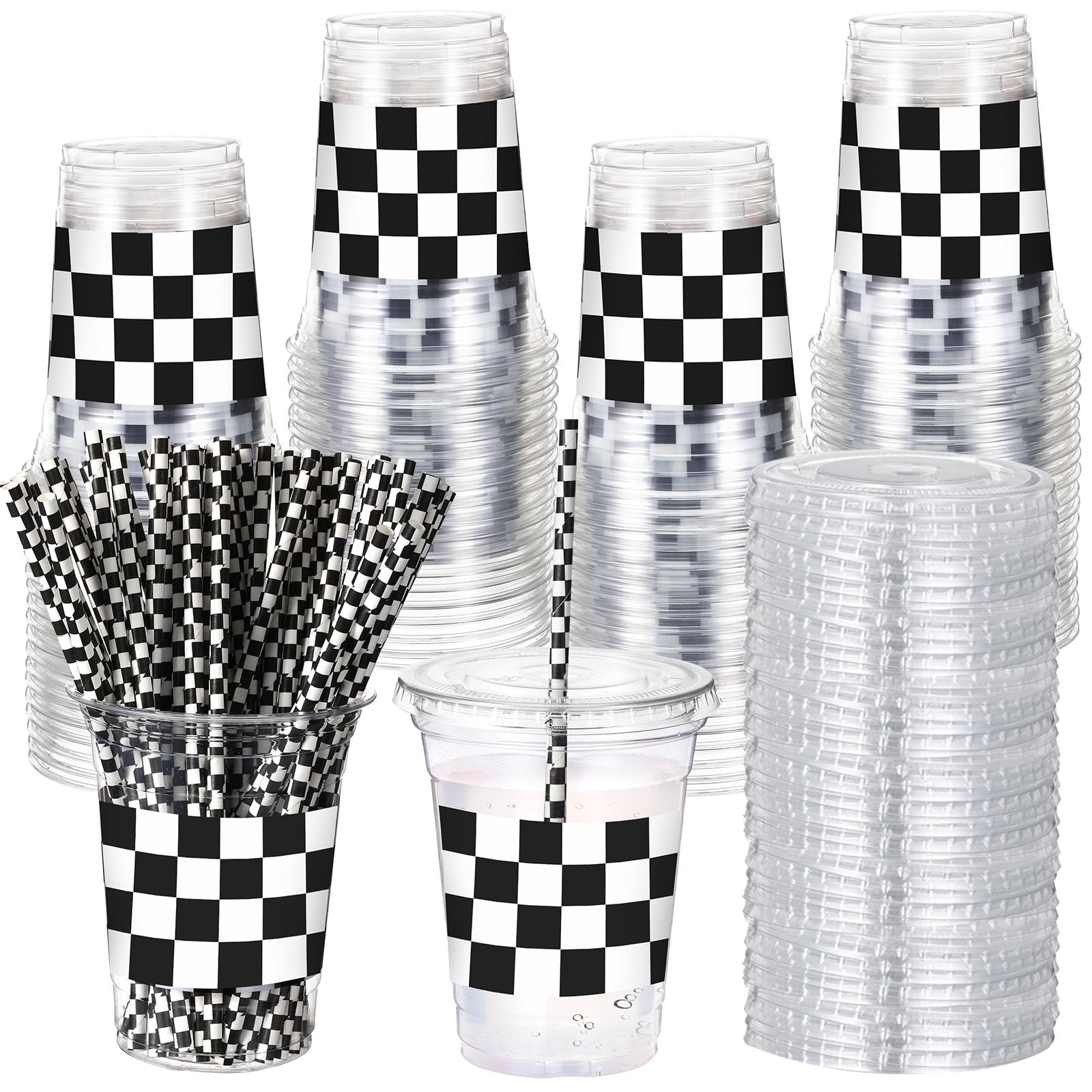 Photo 1 of Sliner 50 Sets Checkered Party Cups, 16 Oz Plastic Cups with Lids & Straws