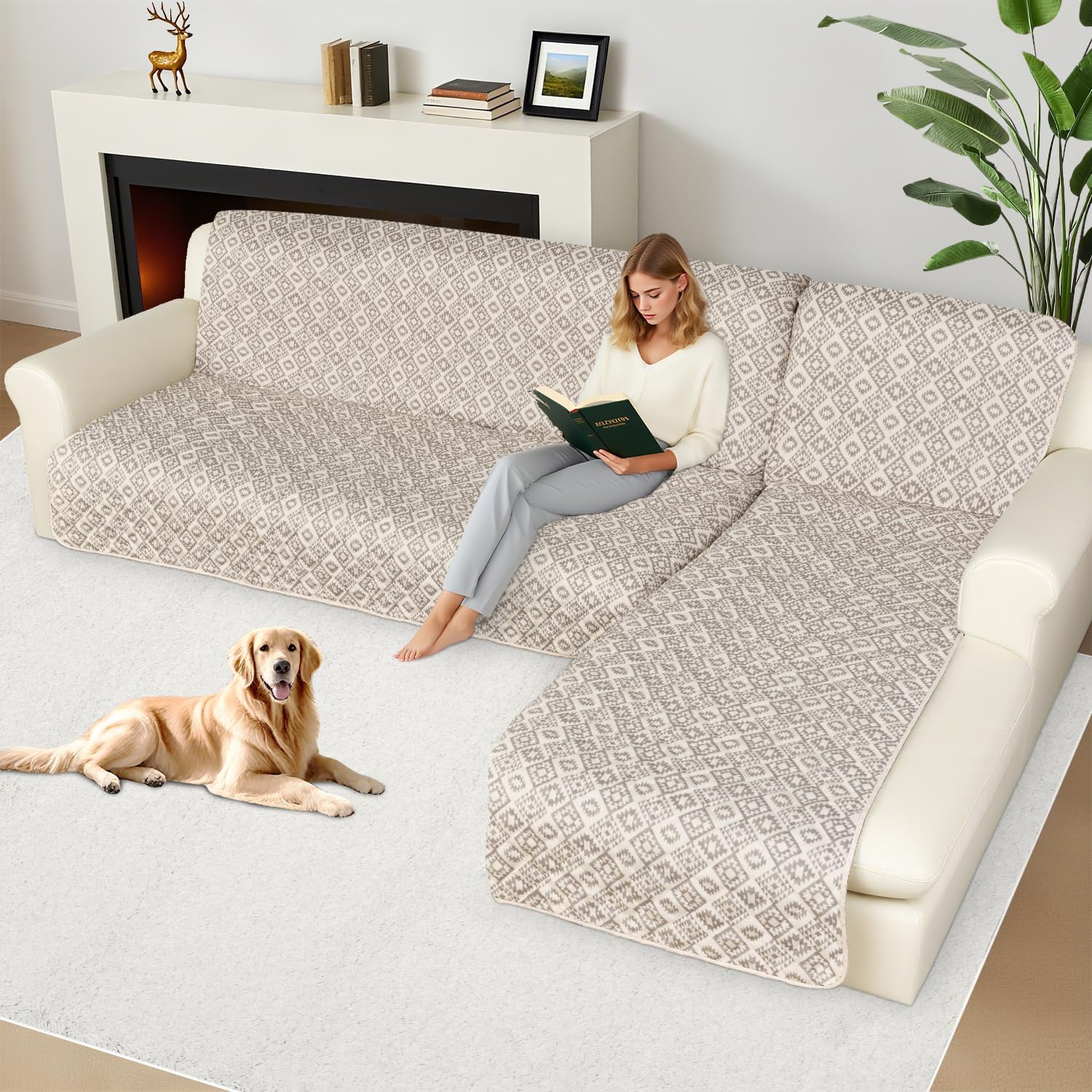 ALIECOM Sectional Couch Covers 100% Waterproof L Shape Sofa Cover Washable 2 Piece Printed Sectional Slipcovers with Chaise Pet Friendly Furniture Protector for Dogs (Large, Checkered Khaki)