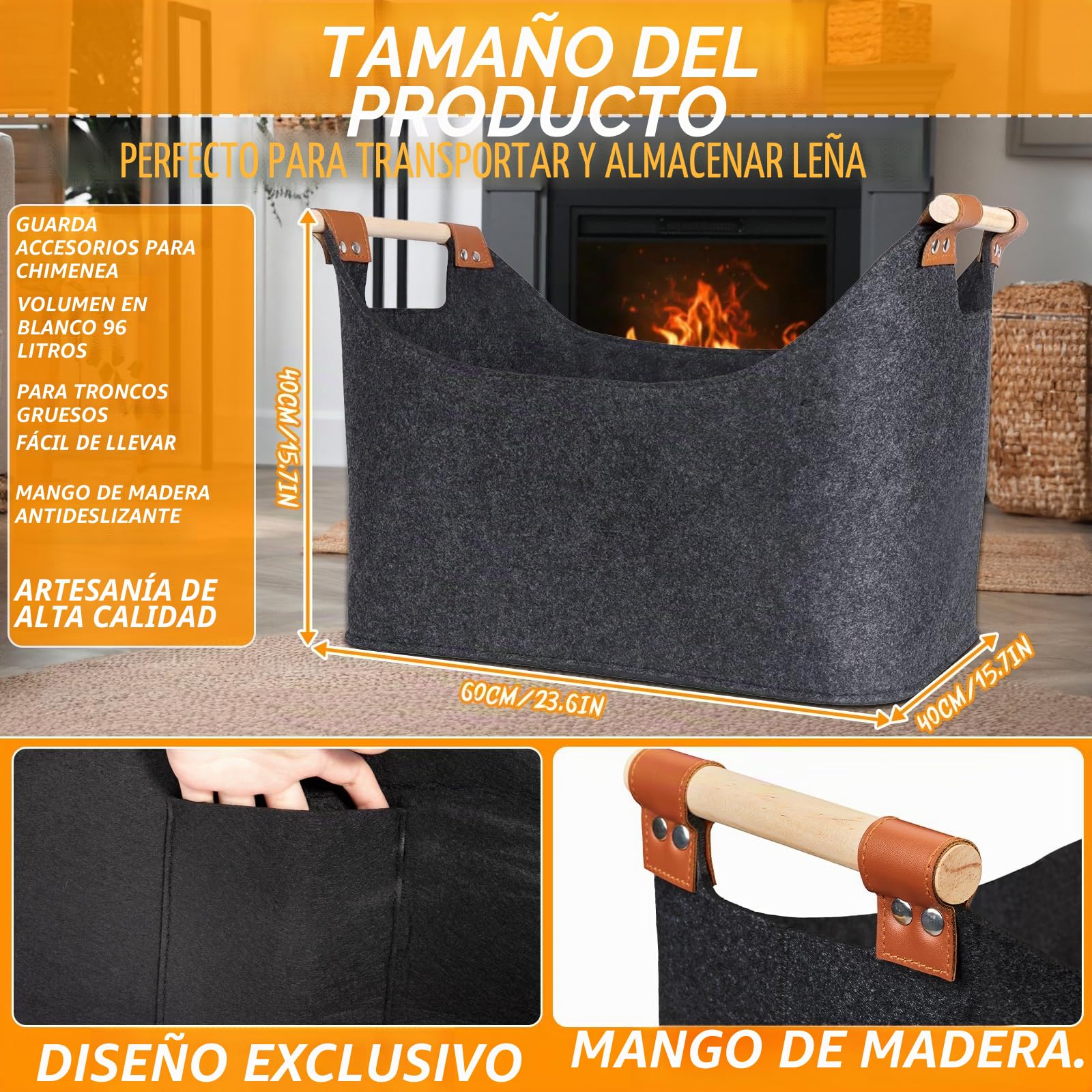 96LCesta para Leña de Chimenea, Cesta de Leña, Plegable Bolsa de Fieltro para Leñas, Cestas para Leñas con Asas, 60x40x40 Cestas Leñas, Cestass de Fieltro para Leñas de Chimenea, Gris Oscuro