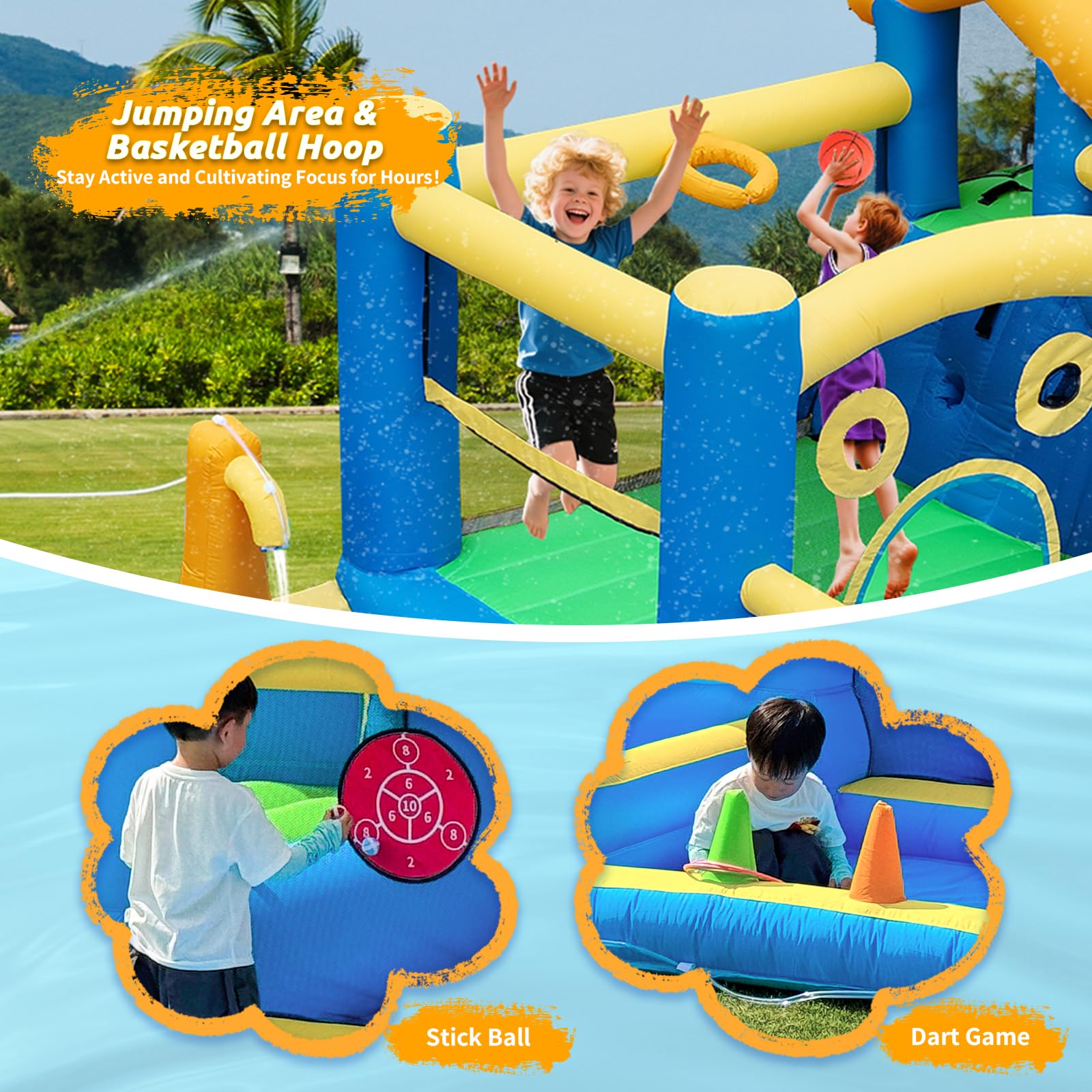 Hüpfburg für Kinder, 10 in 1 Aufblasbare Hüpfburg mit Wasserrutsche, Wasserspritzern, Klettern, Springen, Fußballfeld und Basketballkorb, XXL Hüpfburg mit Gebläse für den Innen- und Außenbereich