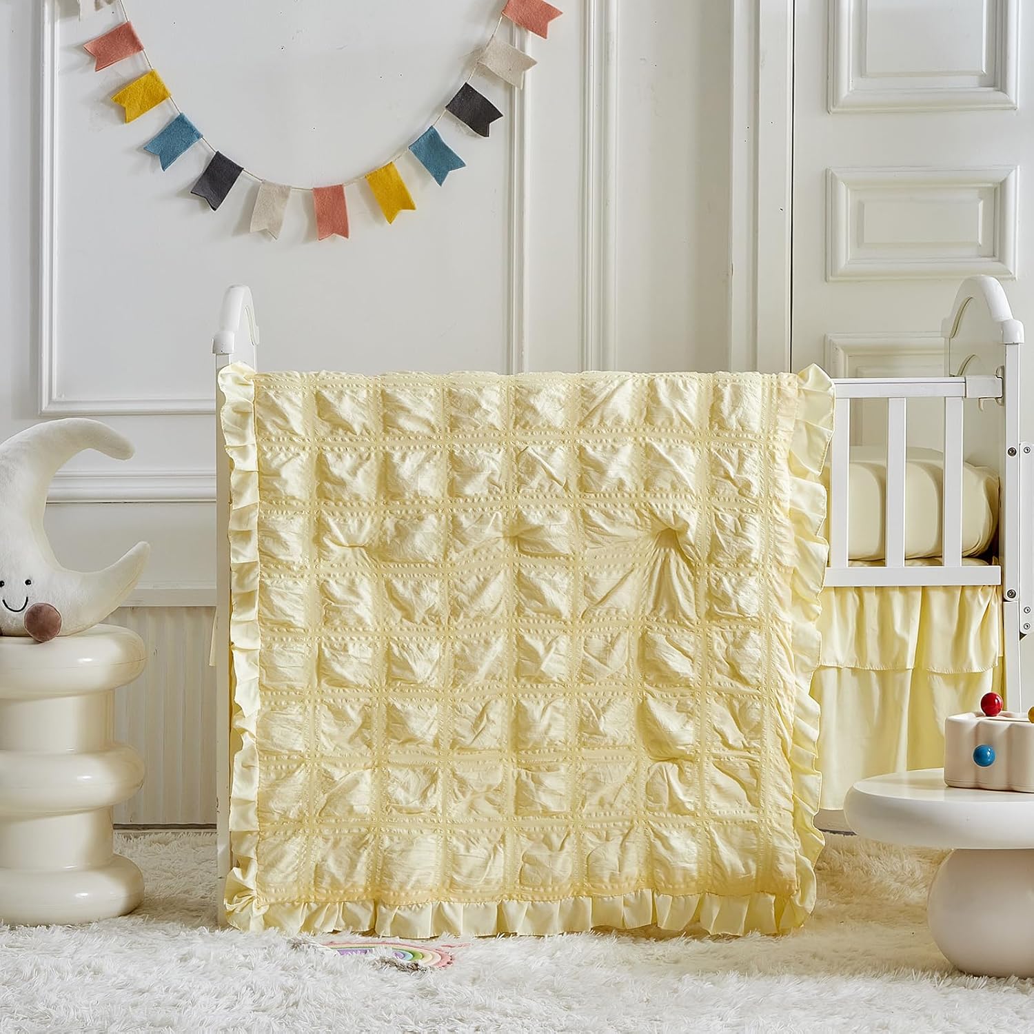 Ruffled Crib Bedding Set Baby Boho Quilted Comforter with Fitted Sheet and Bed Skirt - Cute Soft Breathable Seersucker Ruffled Shabby Chic Bedding Soft Blanket Design - Yellow