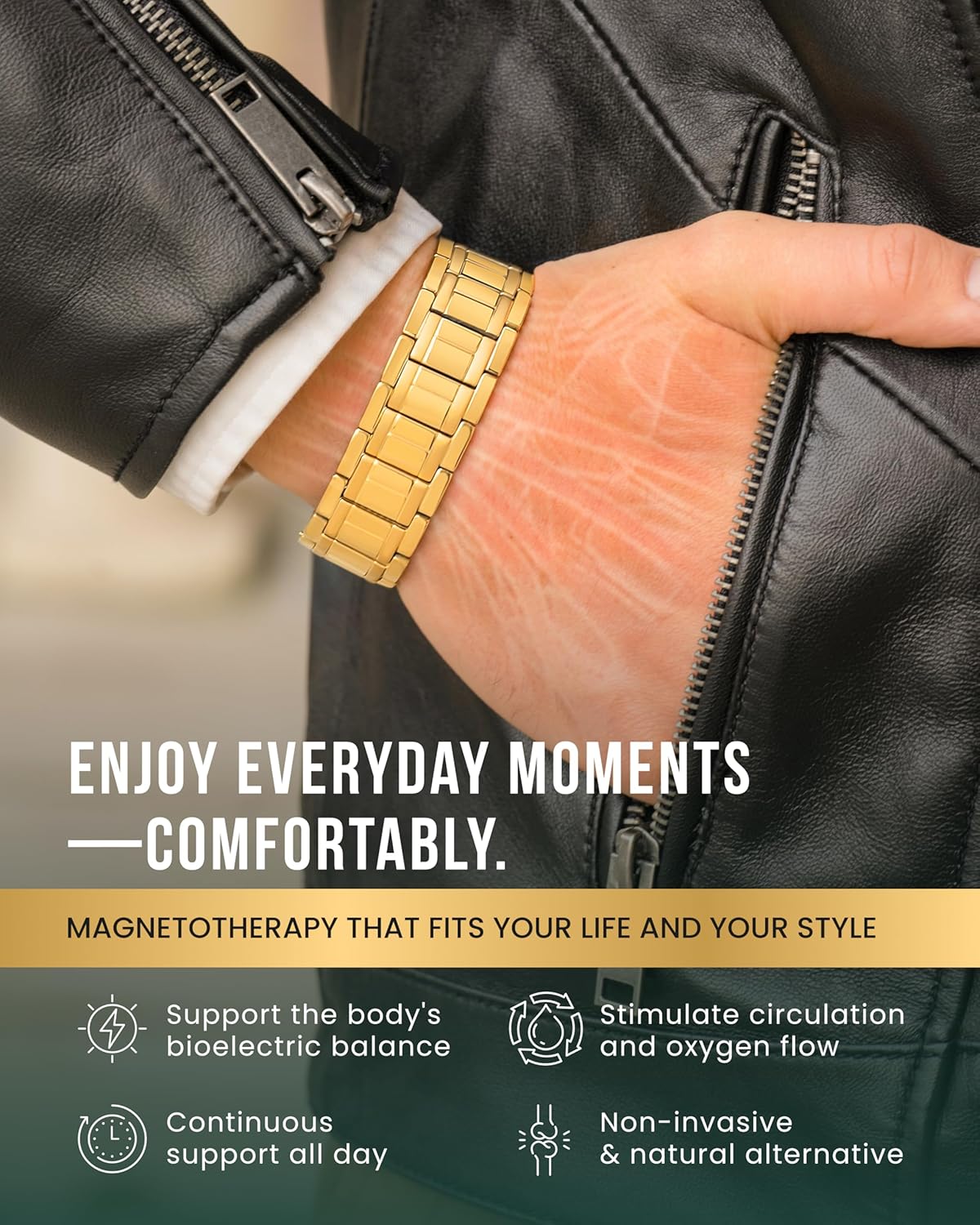 MagnetRX® 3x Strength Magnetic Bracelets for Men – Effective Magnetic Mens Titanium Bracelet – Premium Fold–over Clasp & Adjustable Length with Sizing Tool & Gift Box (Gold) - Image 2