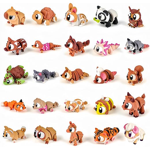 25pcs Mini 3D Printed Animals Figurines Set with Big Eyes,Flexible Articulated Fidget Small 3D Printed Animals Bulk for Adults Home,Office,Party Supplies,Classroom Rewards & Desk Decor